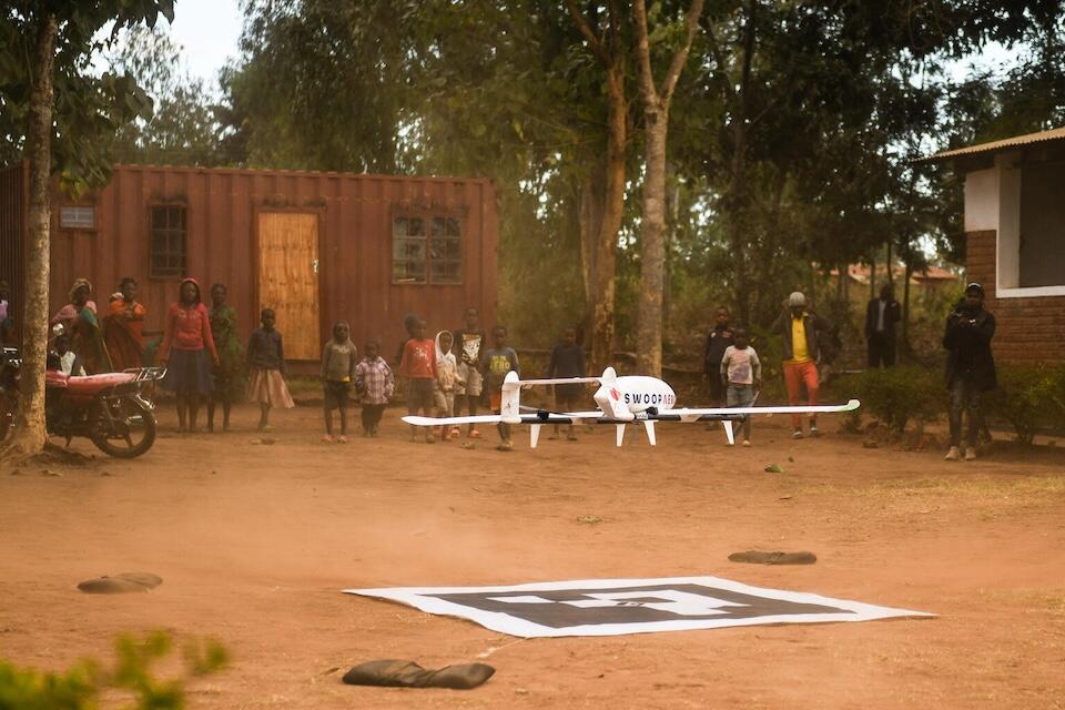 A drone carrying polio vaccines from Matawale Health Center lands at Magomero Health Center in Zomba, southern Malawi on July 14, 2023.